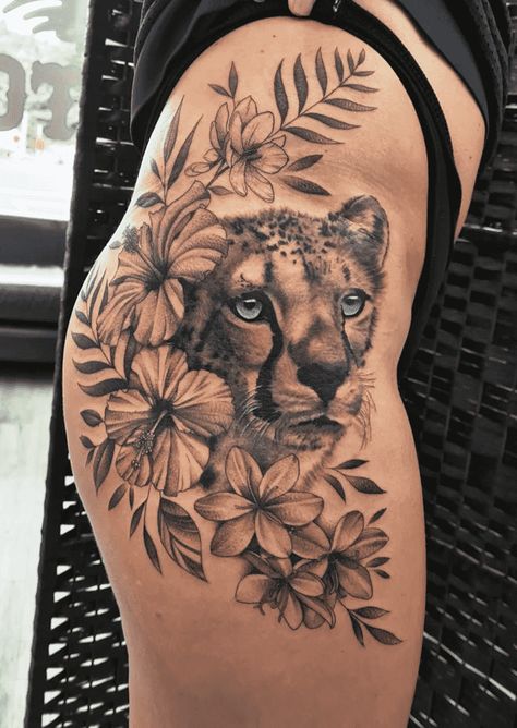 Cheetah Tattoo Design Images (Cheetah Ink Design Ideas) Cheetah Tattoo On Thigh, Leopard Hip Tattoos Women, Leppard Tattoo For Women, Leopard Tattoo On Thigh, Cheetah Tattoo Leg, Cheetah Flower Tattoo, Cheetah Tattoos For Women, Cheetah Shoulder Tattoo, Cheetah Tattoo For Women On Thigh