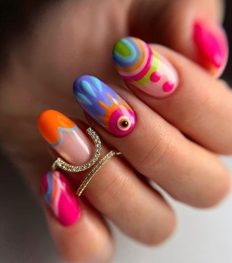 Abstract Colorful Nails, Cool Nail Inspo 2024, Unique Summer Nails, Multicolor Nails, Nail Shapes Square, Funky Nail Art, Retro Nails, Summer Nail Designs, Hippie Nails