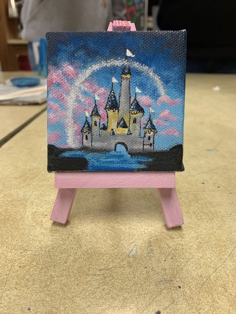 Disney Mini Canvas Paintings, Aesthetic Mini Canvas Paintings, Tiny Canvas Art, Mini Tela, Disney Canvas Paintings, Castle Painting, Watercolor Paintings Of Animals, Acrylic Art Projects, Hippie Painting