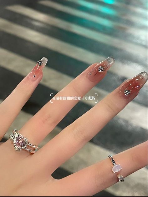 Cute Nails Acrylic Korean, Acrylic Korean Nails, Korean Nails Inspo Aesthetic, Korean Blush Jelly Nails, Korean Douyin Nails, Korean Soft Nails, Korean Inspired Nail Art, Korean Nail Art Gems, Jelly Blue Nails Korean