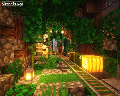 Minecraft Overgrown Tunnel, Minecraft Tunnel Ideas, Tunnel Minecraft, Minecraft Tunnel Designs, Minecraft Tunnel, Banner Designs Minecraft, Enchanting Room Minecraft, Minecraft Path, Magic Building