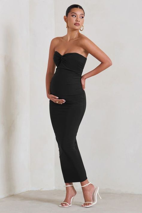 Black Maternity Twist-Detail Midi Dress#blackdress #trendy #sleevelessdress #shopnow #cocktaildress #affordablefashion #weddingguest Elegant Outfit For Pregnant Women, Pregnate Outfit Dress, Formal Maternity Outfits, Wedding Guest Dress Pregnant, Pregnancy Formal Dresses, Formal Pregnancy Dresses, Pregnant Outfits Dressy, Luxury Maternity Clothes, Maternity Dresses For Wedding Guest