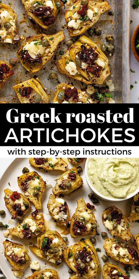 Simple Mediterranean Roasted Artichokes Mediterranean Salad With Artichokes, Mediterranean Diet Artichoke Recipes, Greek Artichoke Recipes, Mediterranean Artichoke Recipes, Recipes Using Artichokes, Mediterranean Hors D’oeuvres, Mediterranean Starters, Mediterranean Appetizers Appetizer Ideas, Mediterranean Diet Appetizers