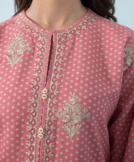 Hand Embroidery Designs Nick, Kurti Neck Embroidery Designs, Front Neck Embroidery Designs Kurti, Printed Kurti Embroidery Design Neckline, Embroidery On Printed Fabric Kurti, Kurti Neck Embroidery, Designer Embroidered Neckline Kurta Tunic, Embroidered Nida Kurta, Modern Kurti