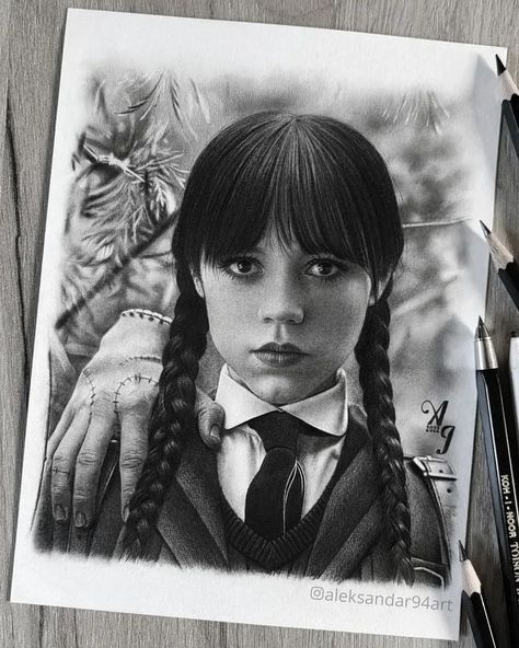 Wednesday Addams Realistic Drawing, Wednesday Portrait Sketch, Sketch Of Wednesday Addams, Jenna Ortega Drawing Pencil, Wednesday Pencil Drawing, Wednesday Adams Drawings, Wensday Sketch, Wednesday Addams Drawing Sketch, Wednesday Adams Sketch