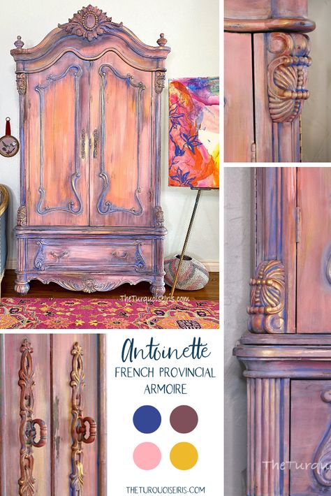 Marie Antoinette style with an American painted furniture makeover! #frenchstyle #art #diy #theturquoiseiris Funky Painted Furniture Diy Dressers, Funky Furniture Diy, French Provincial Armoire, Painting Cabinets Diy, Armoire Diy, Shabby Chic Furniture Painting, Marie Antoinette Style, Vintage Furniture Makeover, Armoire Makeover