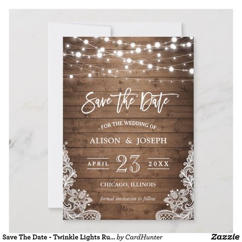 Save The Date - Twinkle Lights Rustic Wood Lace Lace Mason Jars, Mason Jar String Lights, Rustic Wedding Save The Dates, Rustic Save The Dates, Rustic Mason Jars, Floral Save The Dates, Country Wedding Invitations, Sweet 16 Birthday Party, Burlap Lace