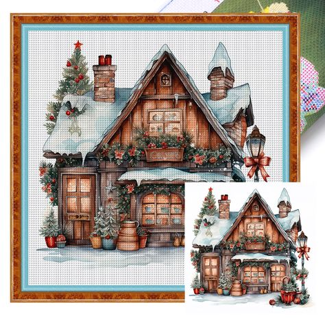 Retro Christmas Cabin - 11CT Stamped Cross Stitch 50*50cm/19.69*19.69in Christmas Cabin, Stamped Cross Stitch, Steam Iron, Embroidery Needles, Retro Christmas, Stitch Embroidery, Embroidery Thread, Cross Stitch Embroidery, Le Point