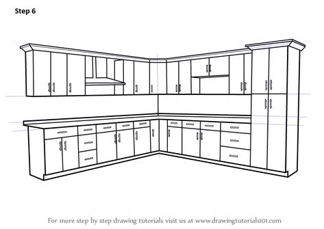 Learn How to Draw Kitchen Cabinets (Furniture) Step by Step : Drawing Tutorials How To Draw Kitchen Layout, How To Draw Kitchen Cabinets, Draw Cabinets, Cabinet Drawing, Furniture Sketches, Kitchen Cabinets Drawing, Cabinet Layout, Kitchen Cabinet Plans, Drawing Furniture