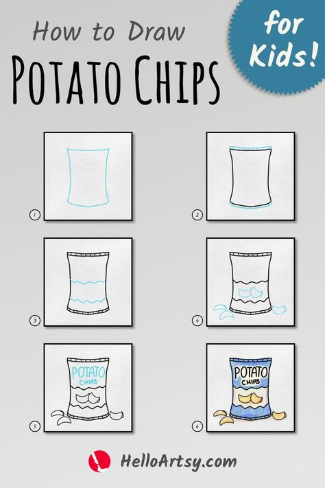 Draw easy potato chips for children! Ideal for kids who want to learn how to draw! Follow along with each illustration to learn how to draw potato chips. Want to see the full drawing tutorial with a downloadable PDF? It's completely FREE. CLICK THE PIN to ACCESS!!! Chips Drawing Easy, Chips Doodle, Chip Drawing, Chips Drawing, Easy Hand Drawings, Bugs Drawing, Draw Food, Full Drawing, Paper Squishy