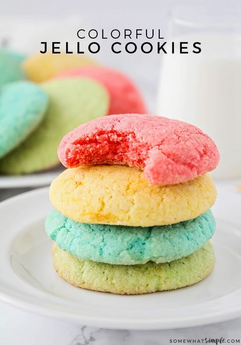 These bright and colorful Jello cookies are such a fun way to get the kids involved in the kitchen, and they're easy to make too! #cookies #jello #jellocookies Things To Do With Jello, Jello Mix Recipes, Jello Cookies Recipe, Jello Cookies, Green Jello, Desserts Cookies, Jello Recipes, Holiday Cookie Recipes, Oreo Dessert