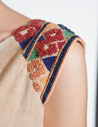 T-SHIRT WITH BEADED SHOULDERS -  - TRF - ZARA Áo Blu, Detail Couture, Motifs Perler, Pola Sulam, French Knots, Embroidery Fashion, Embroidery Inspiration, Hand Embroidery Designs, Diy Embroidery