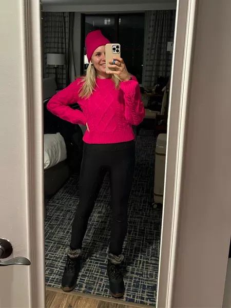 South Lake Tahoe dinner outfit - pink cable knit sweater, pink silk lined beanie, soanx leather leggings and Columbia snow boots  

#LTKstyletip #LTKtravel #LTKshoecrush Knit Sweater Pink, Pink Cable Knit Sweater, Palm Beach Style, English Factory, Outfit Pink, Dinner Outfit, Preppy Outfit, Dinner Outfits, Pink Silk