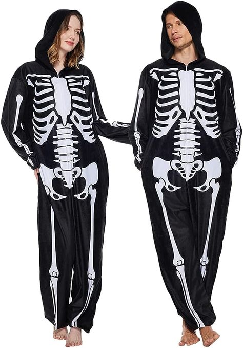 Halloween Onesie Costumes, Scary Skeleton Costume, Skeleton Costume Women, Skeleton Pajamas, Skeleton Onesie, Lounge Wear Black, Pyjamas Onesie, Skeleton Skin, Halloween Costume Couple