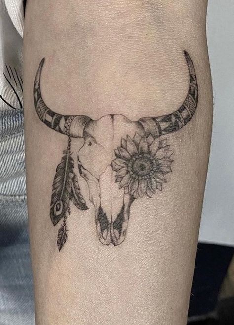 Cow Skull Tattoos: Meanings & Tattoo Ideas Bull Skull Tattoo Women Simple, Small Bull Skull Tattoo For Women, Cow Head Tattoo Woman, Cow Skull With Sunflowers Tattoo, Bullhorn Tattoo Women, Out West Tattoo Ideas, Cow Skull Tattoo Flowers Small, Country Skull Tattoo, Bull Skull Tattoo Thigh