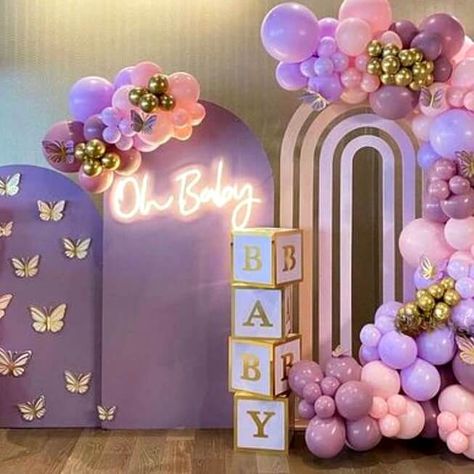 Baby Shower Purple And Gold, Enchanted Theme Baby Shower Ideas, Baby Shower Themes Girl Purple, Purple And Gold Baby Shower Ideas, Lavender Butterfly Baby Shower Ideas, Lavender Baby Shower Ideas, Purple Baby Shower Ideas, Purple Baby Shower Theme, Gold Baby Room