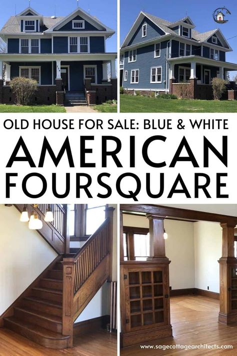 Old House For Sale: Beautiful Blue  White American Foursquare 13 American Four Square House Plans, American 4 Square House Exterior, 1910 Craftsman Home Exterior, American Foursquare Exterior Colors, American 4 Square House, American Four Square House Interior, Four Square House Exterior, Four Square Homes Interior, Foursquare House Interior