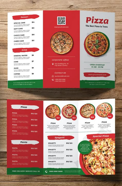 Pizza Trifold Brochure Template INDD - A4 and US Letter Size Pizza Leaflet Design, Food Trifold Brochure Design, Pizza Restaurant Menu Design, Food Brochure Design Ideas, Restaurant Leaflet, Pizza Menu Ideas, Pizza Menu Design Ideas, Food Brochure Design, Italian Menu Design