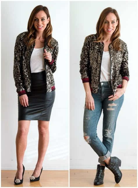 Sydne Style shows how to wear a sequin bomber jacket for new years eve fashion Sequined Jacket Outfit, Sequin Bomberjack Outfit, Sequin Jacket Outfit Night Out, Sequin Jacket Outfit, Sequin Blazer Outfit, Outfit Ideas New Years Eve, Eve Fashion, Outfits Blazer, Jacket Outfit Ideas