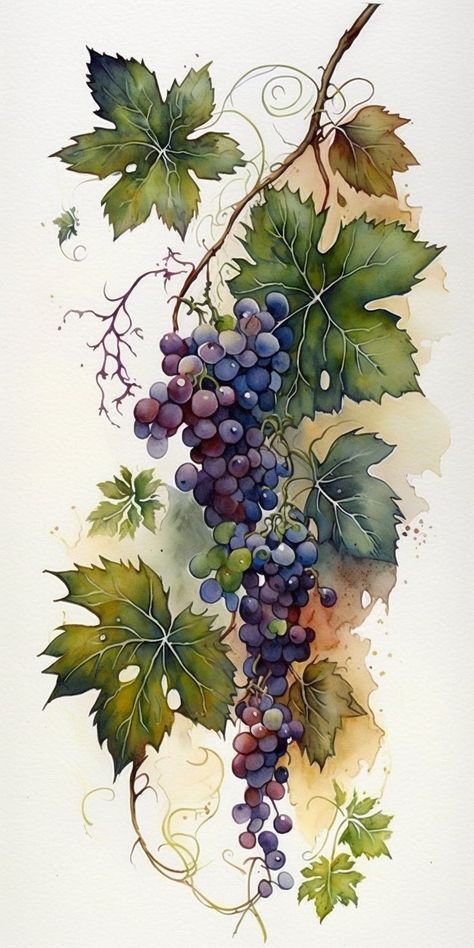 Grape Painting, Grapes Leaves, Leaves Painting, Leaf Artwork, Iphone Wallpaper Aesthetic, Artwork Watercolor, Delicate Watercolor, Leaves Art, Wallpaper Iphone Wallpaper