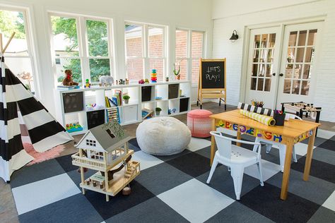 Colourful large #playroom flooded with natural light. Playroom In Sunroom Ideas, Garage Playroom Ideas, Sunroom Playroom Ideas, Playroom Sunroom, Conservatory Playroom, Large Playroom, Sunroom Playroom, Farmhouse Playroom, Baby Playroom