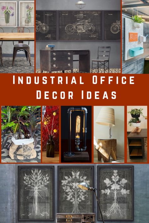 Plumbing Office Decor, Industrial Office Decor Professional, Industrial Warehouse Office Design, Rustic Industrial Wall Art, Feminine Industrial Office, Industrial Style Office Design, Industrial Home Office Ideas, Industrial Office Space Design, Mens Office Decor At Work