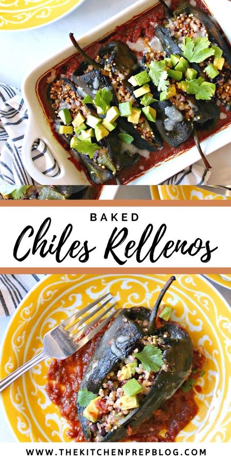 Baked Chiles Rellenos! This lightened-up version of chiles rellenos (stuffed poblano peppers) turn up the heat AND the nutrition on a well-loved recipe. Poblano peppers are stuffed with a healthful blend of ancient grains {and a little cheese, of course!}, nestled in your favorite store-bought salsa or taco sauce and baked instead of fried, keeping things light yet satisfying for a spiced up dinner any day of the week. Chili Relleno Bake, Chiles Rellenos Recipe, Chile Relleno Recipe, Rellenos Recipe, Chili Relleno, Slow Carb, Oven Baked Recipes, Poblano Peppers, Vegetarian Bake