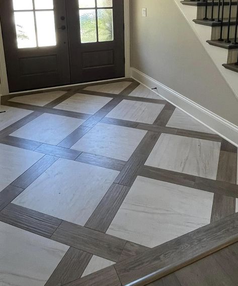 Entryway With Tile Floor, Entrance Way Flooring Ideas, Floor Combination Ideas, Wood And Tile Entryway Floor, Front Entrance Tile Ideas Entryway, Whole House Tile Flooring Ideas, Foyer Floor Design, Entrance Hall Flooring, Tile Entryway Transition To Wood