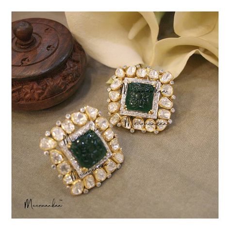 Get All The Beautiful Big Stud Earring Designs Here! • South India Jewels Polki Earrings Studs, Studs Earrings Gold India, Polki Rings, Diamond Earrings Indian, Big Stud Earrings, Diamond Pendant Jewelry, Gold Jhumka Earrings, Diamond Pendants Designs, Polki Earrings