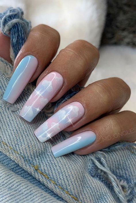 Pastel Color Nails Designs, Pink Clouds Nails, Nail Ideas Clouds, Nail Pastel Colors Design, Pastel Cloud Nails, Nail Designs Pastel Colors, Nails With Cloud Design, Cloud Acrylic Nails, Cloud Nails Acrylic