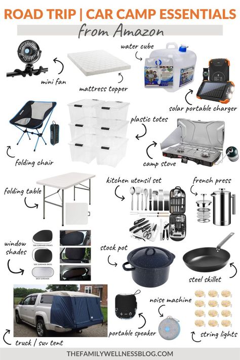 ROAD TRIP + CAR CAMPING ESSENTIALS FROM AMAZON Car Camping Gear List, Car Camping Ideas Diy, Off Roading Essentials, Car Camping Storage Ideas, Camping Road Trip Essentials, Living In Car Essentials, Truck Camping Accessories, Car Camping Tips, Car Camping Essentials List