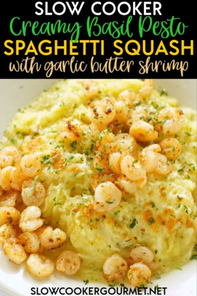 Slow Cooker Creamy Basil Pesto Spaghetti Squash with Garlic Butter Shrimp will be one of your new favorite recipes! It’s a wonderful alternative to pasta and the pesto and shrimp make this dinner out of this world! #slowcooker #spaghettisquash Basil Pesto Spaghetti, Butter Squash Recipe, Crockpot Spaghetti Squash, Pesto Spaghetti Squash, Pesto Spaghetti, Crockpot Spaghetti, Garlic Butter Shrimp, Creamy Pesto, Spaghetti Squash Recipes