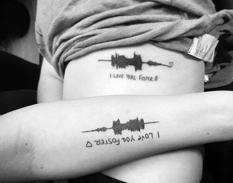 Tattoos of Sound/voice waves of our loved one's voice saying "I love you". So very special! Voice Tattoo Sound Waves, Soundwave Tattoo, Voice Tattoo, Sound Wave Tattoo, Dedication Tattoos, Wife Tattoos, Couples Tattoo, Wife Tattoo, Tattooed Woman