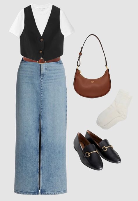 midi denim skirt black waistcoat vest black loafers | casual outfit idea inspo | fall outfits | autumn outfits | black and brown outfits | denim skirt outfits | waistcoat outfits Loafers Casual Outfit, Autumn Outfits Black, Waistcoat Outfits, Denim Midi Skirt Outfit, Waistcoat Outfit, Denim Skirt Black, Denim Skirt Outfit, Casual Outfit Idea, Brown Outfits