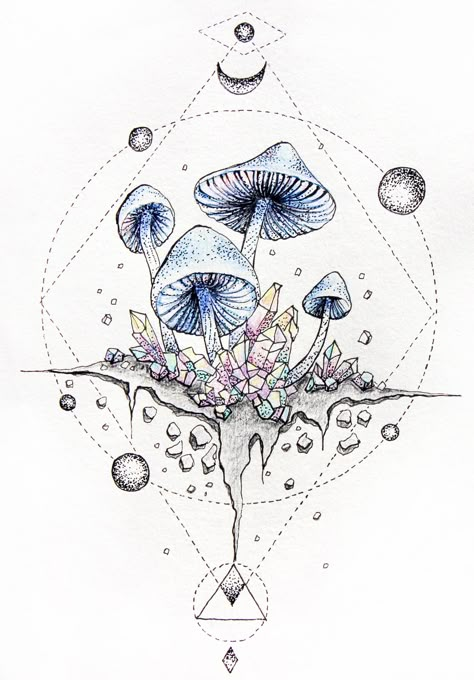 Surreal Sacred Geometry Mushrooms Crystal Illustration Mushroom Crystal Drawing, Mushroom And Crystal Drawing, Celestial Mushroom Tattoo, Mushroom Crystal Tattoo Design, Mushrooms And Crystals Drawing, Mushroom And Crystal Art, Tattoo Mushroom Trippy, Crystal Illustration, Crystal Tattoo