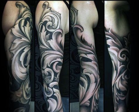 Gentleman With Full Sleeve Tattoo Of Filigree Design Black Sleeve Tattoo, Tattoo Japanese Style, Sanskrit Tattoo, Tattoos To Cover Scars, Filigree Tattoo, Full Sleeve Tattoo Design, Men Tattoos, Disney Tattoo, Full Sleeve Tattoo