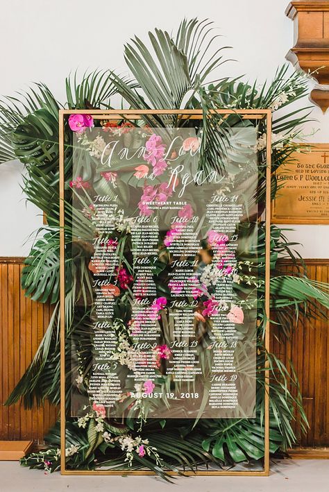 Acrylic Tropical Seating Chart Wedding Inspiration | Citrus Press Co Tropical Seating Chart, Tropical Wedding Theme, Tropical Wedding Decor, Tropical Wedding Inspiration, Flowers And Greenery, Tropical Home Decor, Hawaiian Wedding, Tropical Theme, Salou