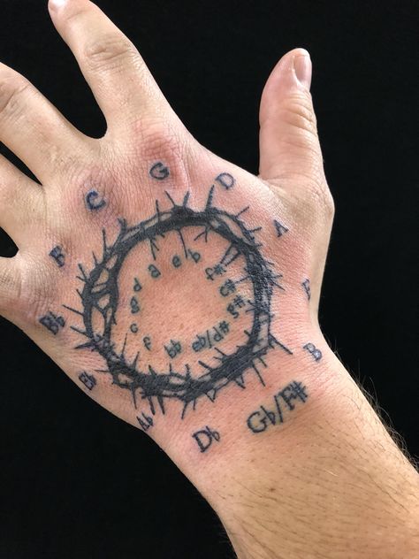 Circle of fifths done by Vanessa Bytendorp at Salt Lake Tattoo Company Circle Of 5ths Tattoo, Circle Of Fifths Tattoo, Circle Tattoo Design, Hand Circle, Tattoo Circle, Hand Tattoo Images, Drum Tattoo, Hand Tatto, Lake Tattoo