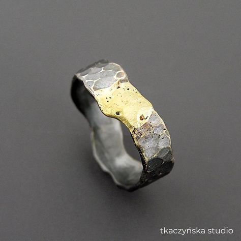 Agata Tkaczyńska-Turbińska on Instagram: “Modern wedding ring. Sterling silver, 14 k gold. Hammered, patinated and brushed. You can buy one of my ready-to-wear designs or order a…” Wedding Ring Modern, Textured Wedding Ring, Rustic Wedding Ring, Wide Wedding Rings, Modern Wedding Rings, Rustic Wedding Rings, Silver Wedding Ring, Spots Pattern, Organic Style