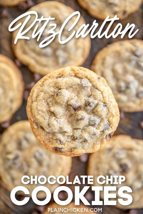 Ritz Carlton Chocolate Chip Cookies Recipe - seriously the BEST chocolate chip cookie EVER! Crispy on the outside and chewy on the inside. PERFECT! Butter, brown sugar, salt, eggs, chocolate chips, flour, vanilla, and baking powder. Can freeze cookie dough unbaked for a quick treat later. Makes a great gift too! I take these to parties and potlucks and never have any leftovers! You must make these ASAP! #chocolatechip #cookies ritzcarlton #bakery Freeze Cookie Dough, Strawberry Chocolate Chip Cookies, Ultimate Chocolate Chip Cookie, Hazelnut Cookies, Toffee Cookies, Cookie Bakery, Frozen Cookie Dough, Best Chocolate Chip, Chocolate Chip Cookies Recipe