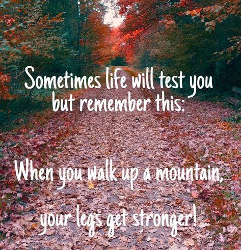 Sometimes life will test you, but remember this: when you walk up a mountain, your legs get stronger! Your Stronger Than You Think Quotes, Some Days Are Easier Than Others Quotes, Hard Days Quotes Inspiration, Life Is Heavy Quotes, Doing Hard Things Quotes, Stronger Than You Think Quotes, Getting Stronger Quotes, Hard Day Quotes, Lifes Challenges Quotes