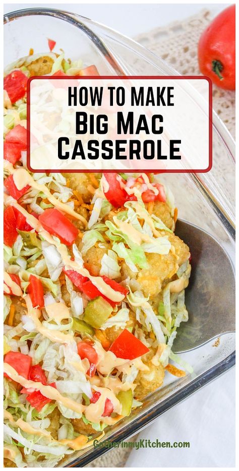 Make your weeknights easier with this simple Big Mac Casserole recipe. With layers of beef, cheese, and tater tots, topped with fresh veggies, it's a hearty meal that's guaranteed to satisfy the whole family. Big Mac Casserole Recipes, Big Mac Casserole, Hamburger Casseroles Recipes, Easy Chicken Casserole Recipes, Chicken Casserole Easy, Healthy Casserole Recipes, Rice Casserole Recipes, Cheeseburger Casserole, Best Casseroles