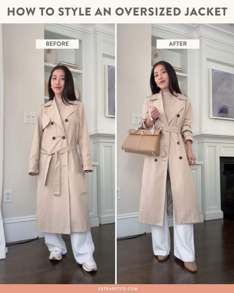 How to Style an Oversized Trench on a Petite Frame Oversized Trench Coat Outfits, Long Trench Coat Outfit, Oversized Coat Outfit, Petite Capsule Wardrobe, Oversized Winter Coat, Petite Trench Coat, Trench Outfit, Outfit For Petite Women, Trench Coats Women Long