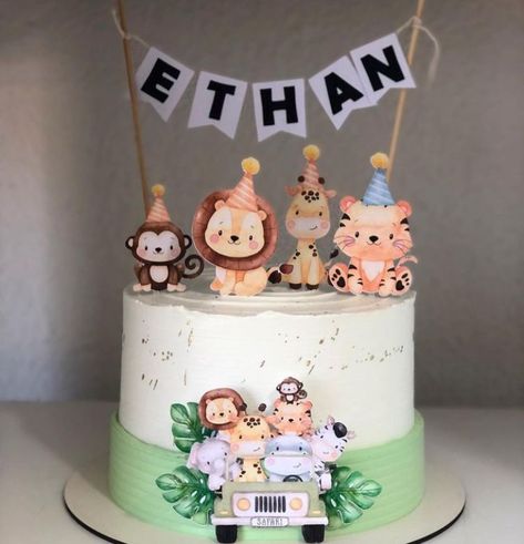 Safari Pasta, Animal Theme Cake Without Fondant, Buttercream Safari Cake, Two Tier Animal Theme Cake, Safari Cake Two Tier, Cake Pic, Baby Birthday Decorations, Picnic Birthday Party, Picnic Birthday