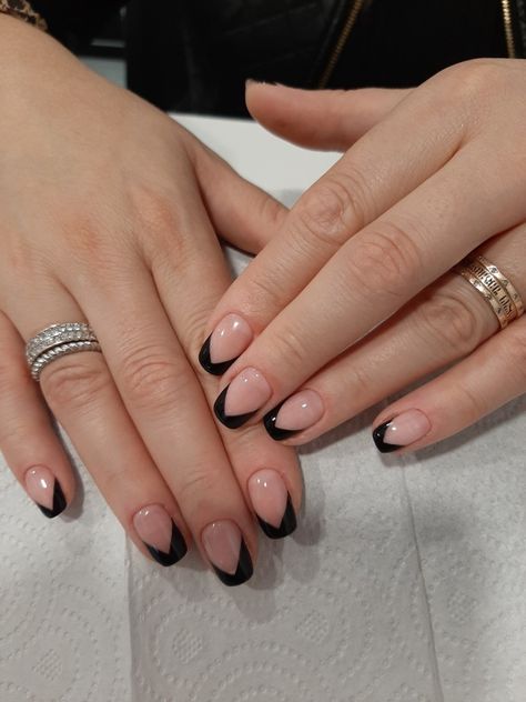 Dark French Tip Nails Square, French With Black Tip, Point French Tip Nails, Tuxedo Nails French, French Tip Nails Triangle, Black Triangle French Tip Nails, French Tip Triangle, Slanted French Tip Nails, Tuxedo Nails