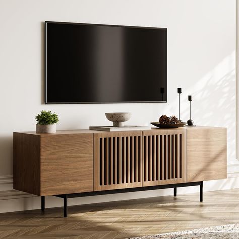 Amazon.com: POVISON Modern Media Console with Storage, 63'' Wood TV Stand for 50 55+ Inch TV, Farmhouse Walnut Entertainment Center Slatted Door, Full Assembled TV Cabinet with Metal Legs : Home & Kitchen Wood Tv Cabinet, Wood Tv, Tv Console, Media Console, Tv Cabinet, Entertainment Center, Tv Stand, Living Room Bedroom, Room Bedroom