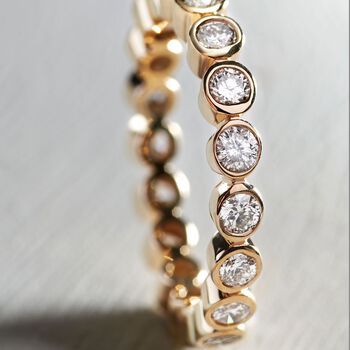 Ross-Simons - 1.00ct t. w. Bezel-Set Diamond Eternity Band Ring in 14kt Yellow Gold. Size 9. The classic beauty of 1.00 ct. t. w. diamonds is brought to an elegant new level in this statement-making bezel-set eternity band. Each diamond round is hugged by polished 14kt yellow gold for a look with a lighthearted spirit and so much charm. Diamond eternity band. Diamond birthstones are the perfect gift for April birthdays. Anniversary Bands For Her, Unique Wedding Bands For Women, Bezel Set Wedding Band, Yellow Gold Anniversary Rings, Gold Anniversary Bands, Channel Set Diamond Band, Eternity Ring Gold, Diamond Birthstone, Diamond Eternity Band