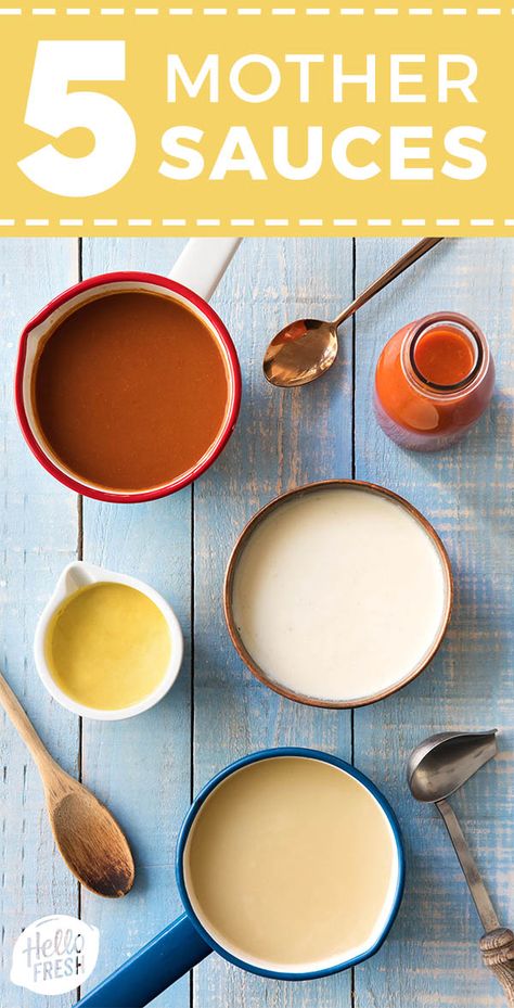 Sauces For Plating, 5 Mother Sauces Recipes, Basic Sauce Recipes, Mother Sauces Recipes, Mother Sauces Chart, Basic Sauces, Classic Sauces, 5 Mother Sauces, Mother Sauce