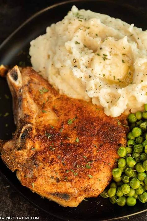 Air Fryer Bone-In Pork Chops - Eating on a Dime Air Fryer Recipes Pork Chops, Air Fry Pork Chops, Air Fryer Recipes Pork, Bone In Pork Chops, Steak Bites Recipe, Pork Chops And Gravy, Eating On A Dime, Air Fryer Pork Chops, Easy Pork Chop Recipes