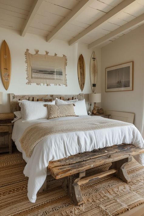 29 Boho Coastal Bedroom Ideas for a Breezy, Beachy Haven 6 Coastal Boho Aesthetic, Surfer House Aesthetic, Surfboard Decor Bedroom, Surf Bedroom Aesthetic, Boho Surf Bedroom, Surfer Bedroom Aesthetic, Surf Style Bedroom, Ocean Inspired Bedroom, Coastal Boho Bedroom